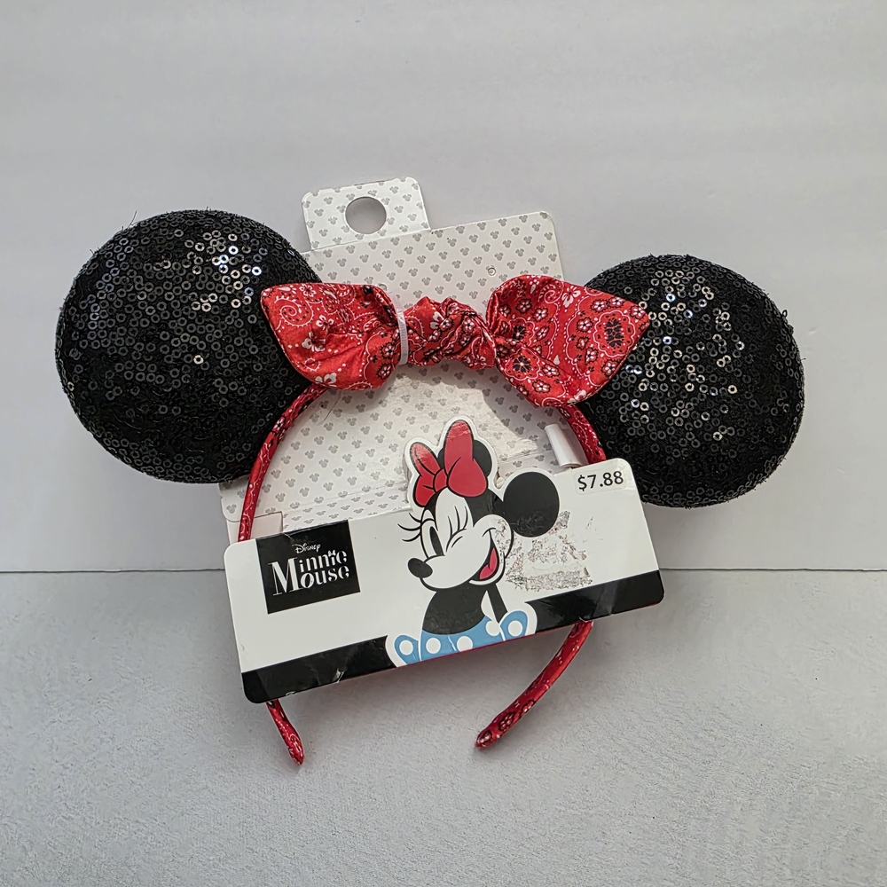 Disney Minnie Mouse Black Sequin Ears with Red Bow Headband